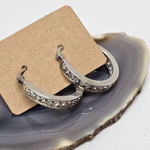 925 STERLING SILVER - Shiny Crystal Round Hoop Earrings - Picture 7 of 12